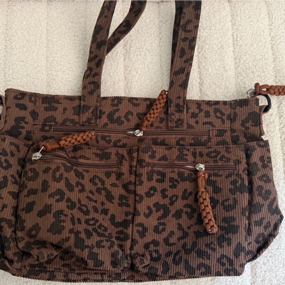 Brown Leopard Print Corduroy Tote Style Purse Bag